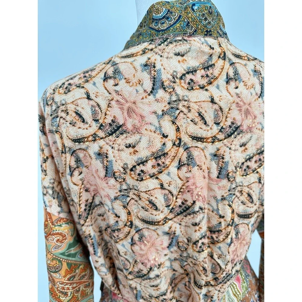 Lunas Vintage Silk Blend Kimono Robe Duster OS Boho Paisley Belted Fairy Earthy
